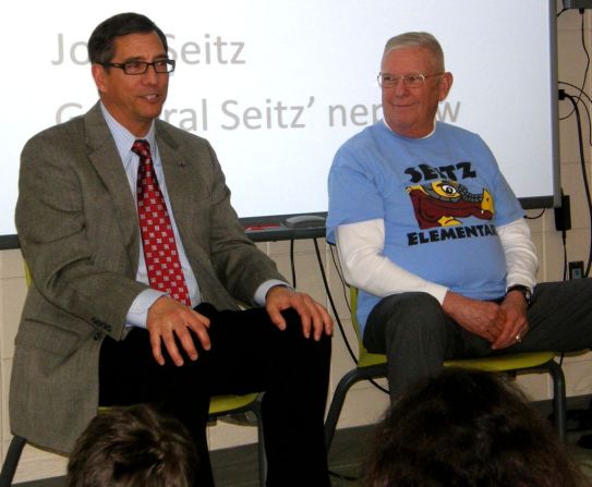 Rick and John Seitz at the "press conference" at Seitz Elementary